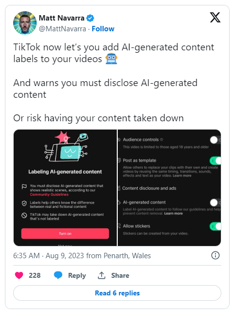 TikTok 推出 AI 生成内容披露功能,以防止内容被删除 TikTok 推出 AI 生成内容披露功能,以防止内容被删除